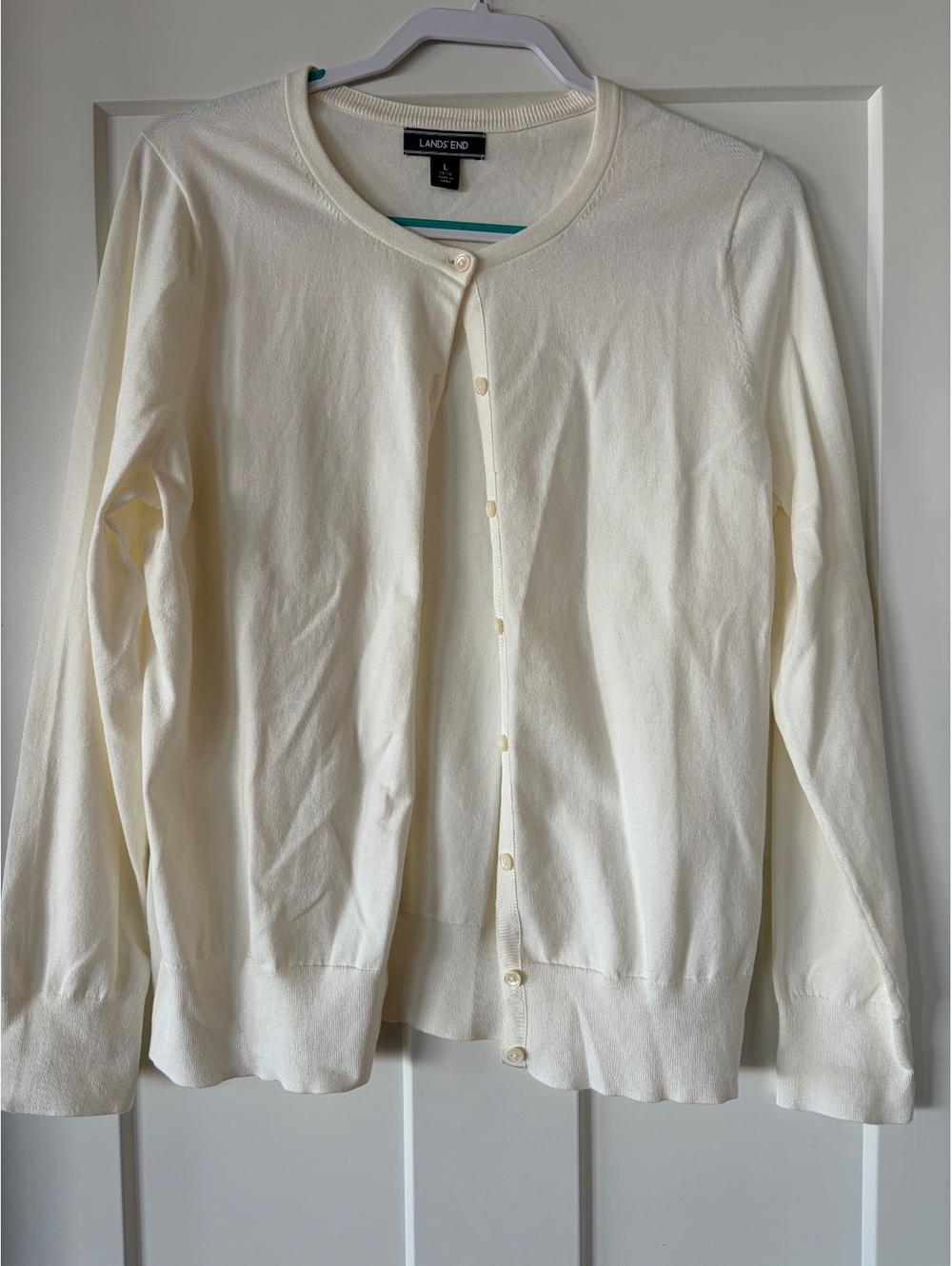 Lands' End Cream Button-Front Cotton Cardigan